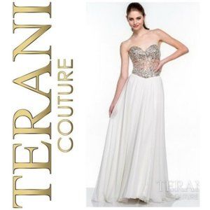 TERANI COUTURE  Swarovski Crystals Embroidered White Strapless Gown
